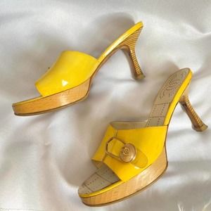 Authentic Yellow Chanel Heels with Patent Leather and Wood detailing size 6.5
